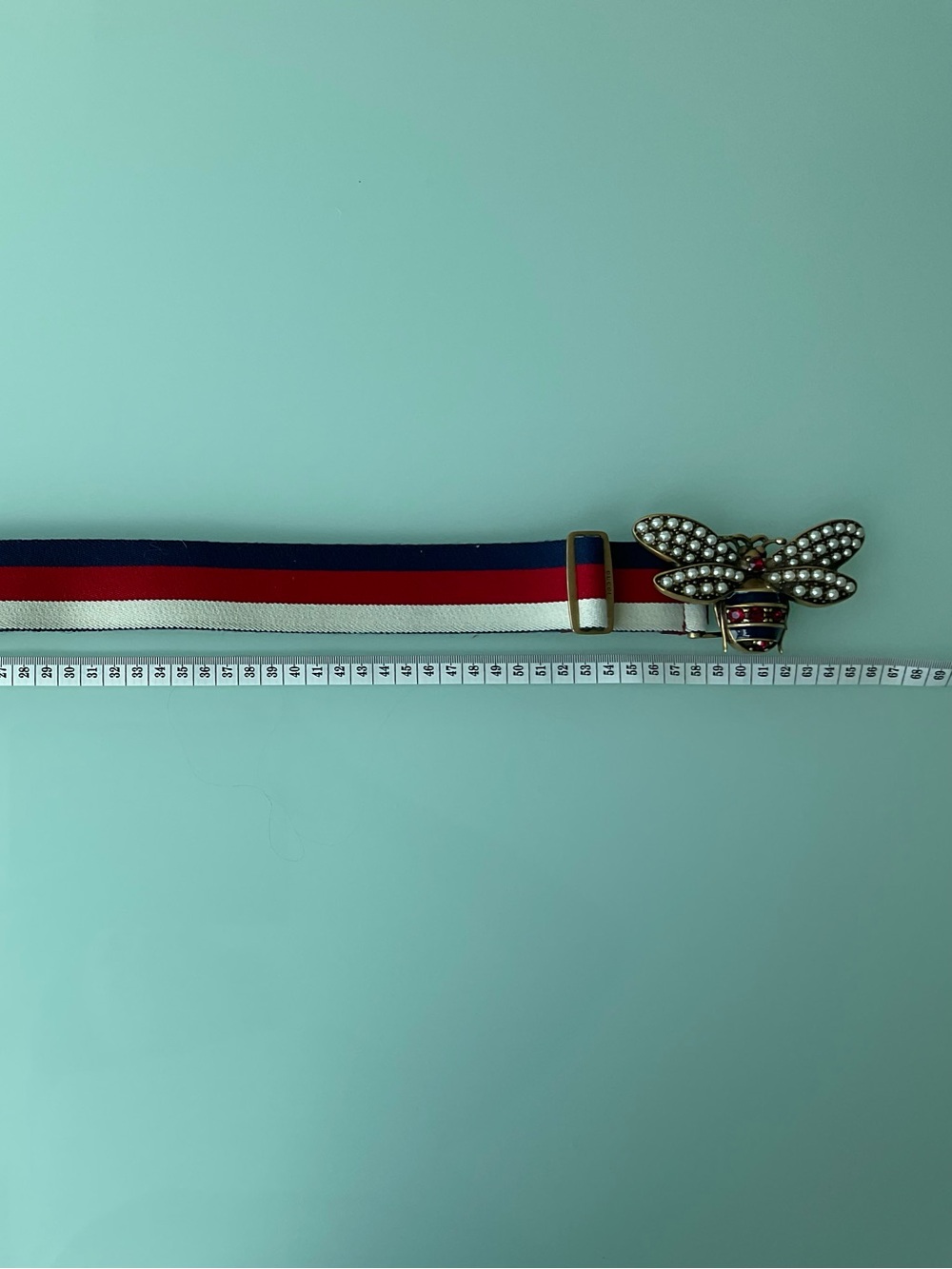 Gucci Navy Blue Red White Pearl Bee Web Belt - Picture 3 of 4